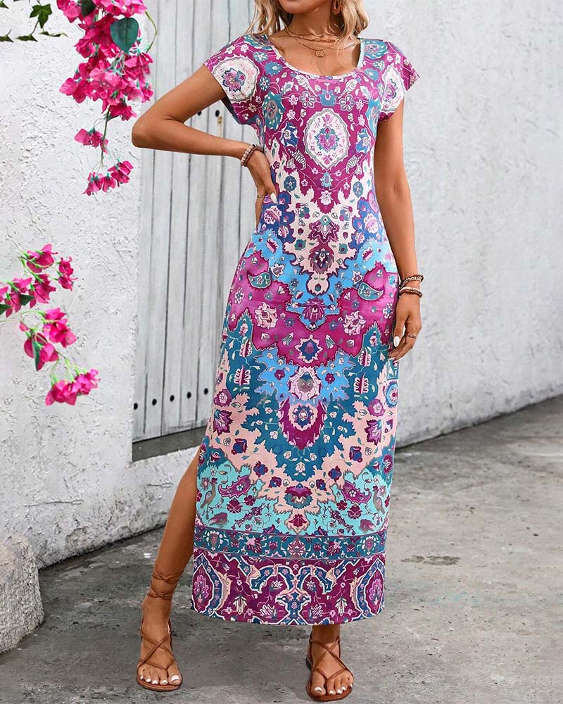 Colorful printed casual dress with slits