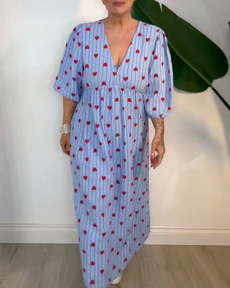 Elegant V-Neck Heart Print Dress