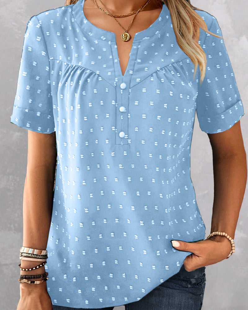 Jacquard V-Neck Half-Placket Short Sleeve Blouse