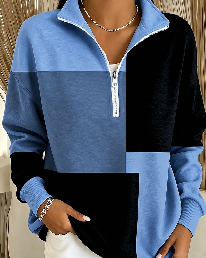 Checkered Colorblock Zip Stand-Collar Sweatshirt