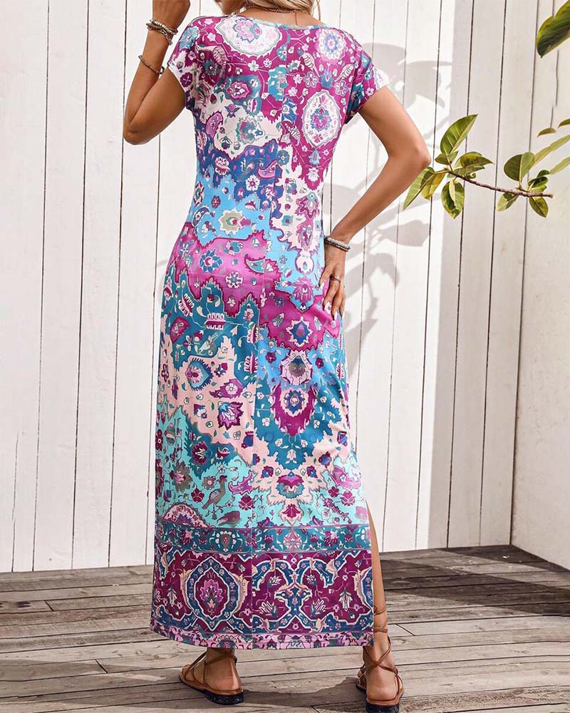 Colorful printed casual dress with slits