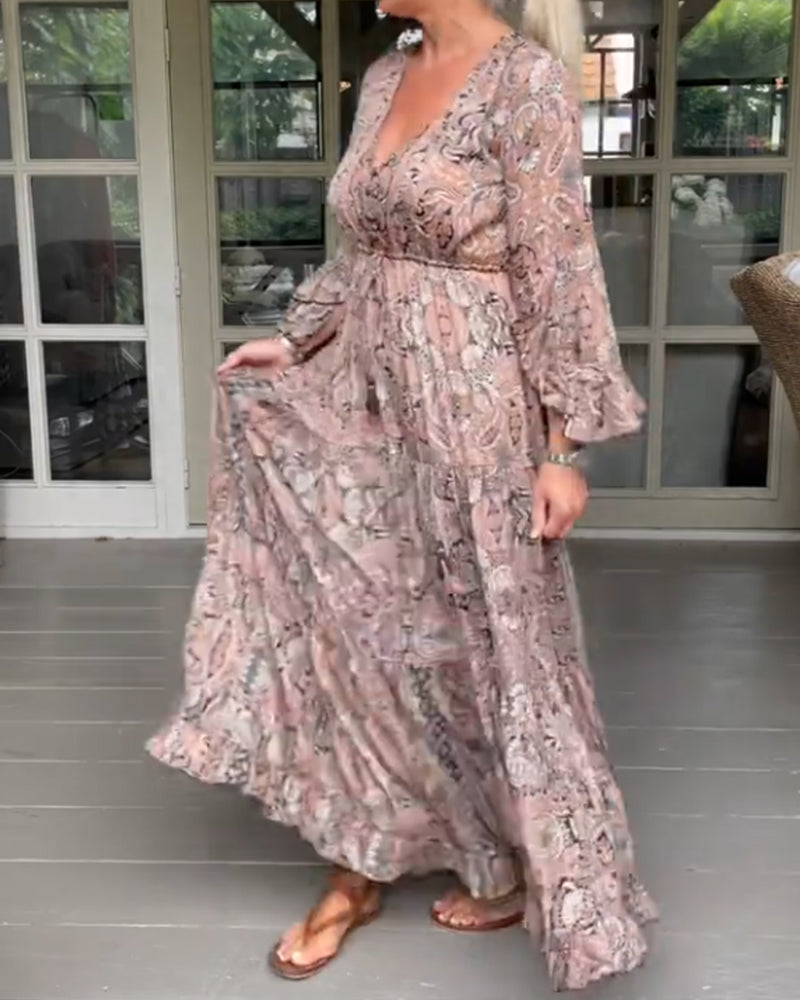 V-neck printed ruffled sleeve dress