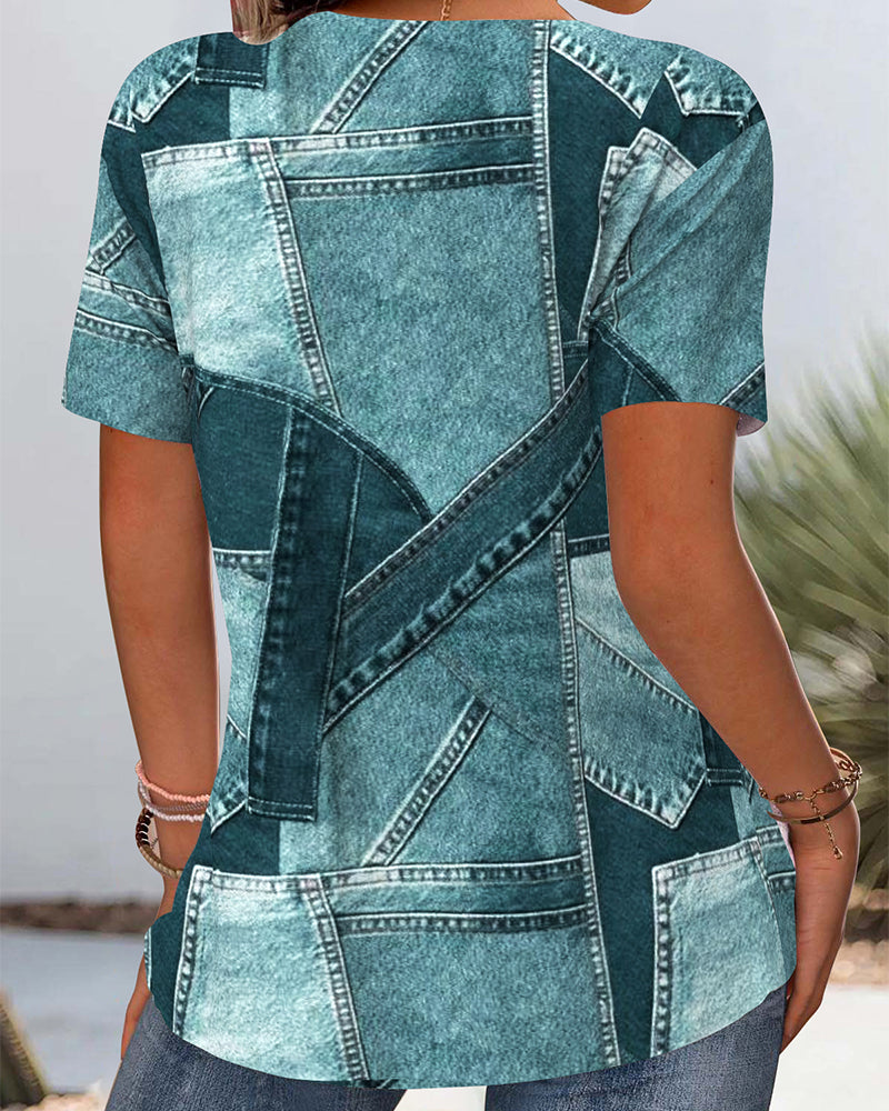 Aumora Vintage Denim Contrast Hollow Blouse