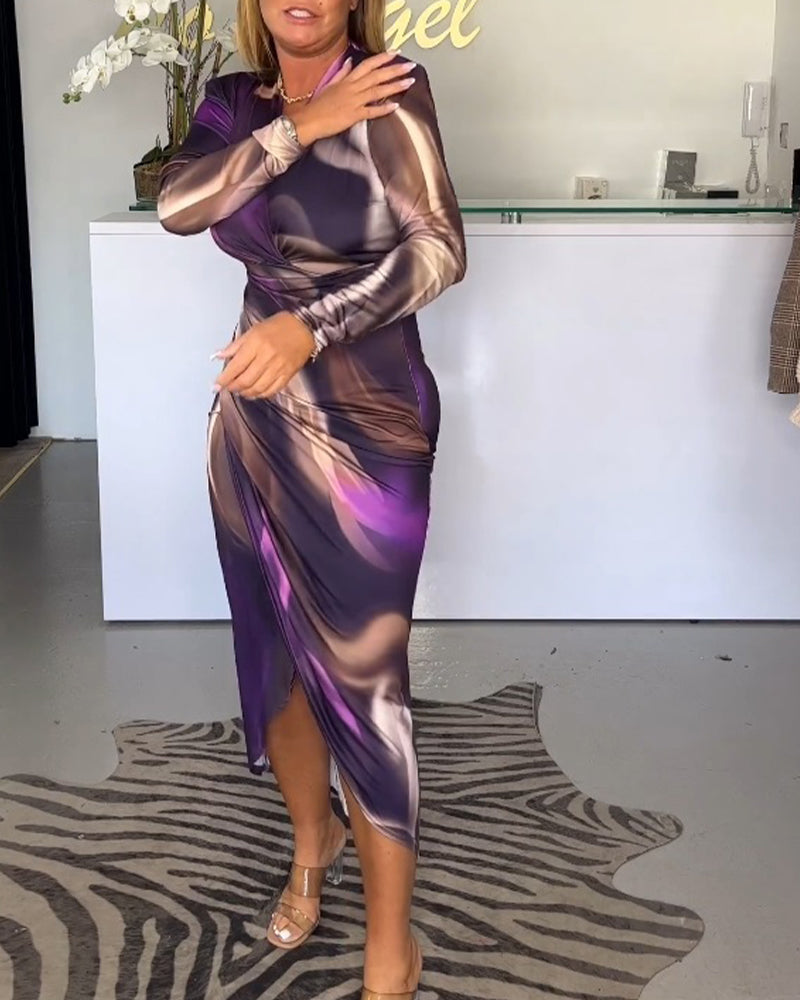 V-neck long sleeve slit dress
