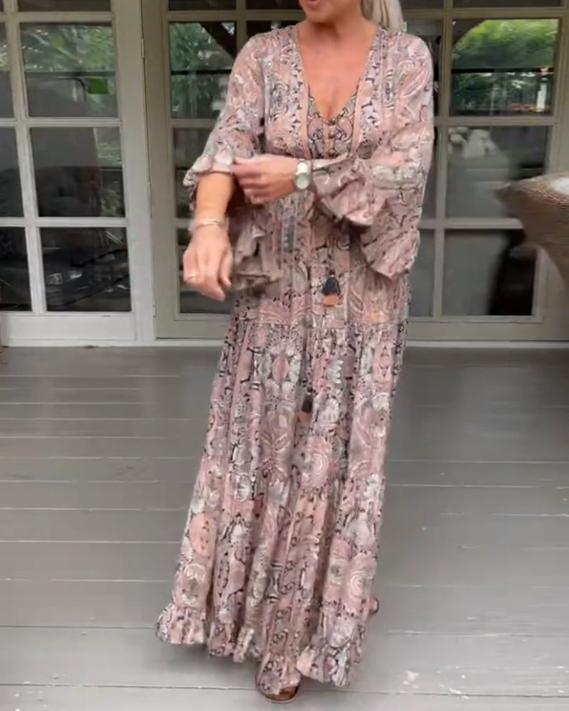 V-neck printed ruffled sleeve dress