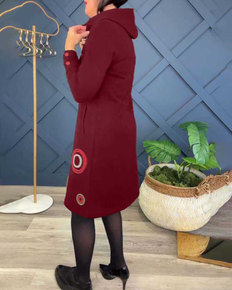 Circle print zip-up hooded casual dress