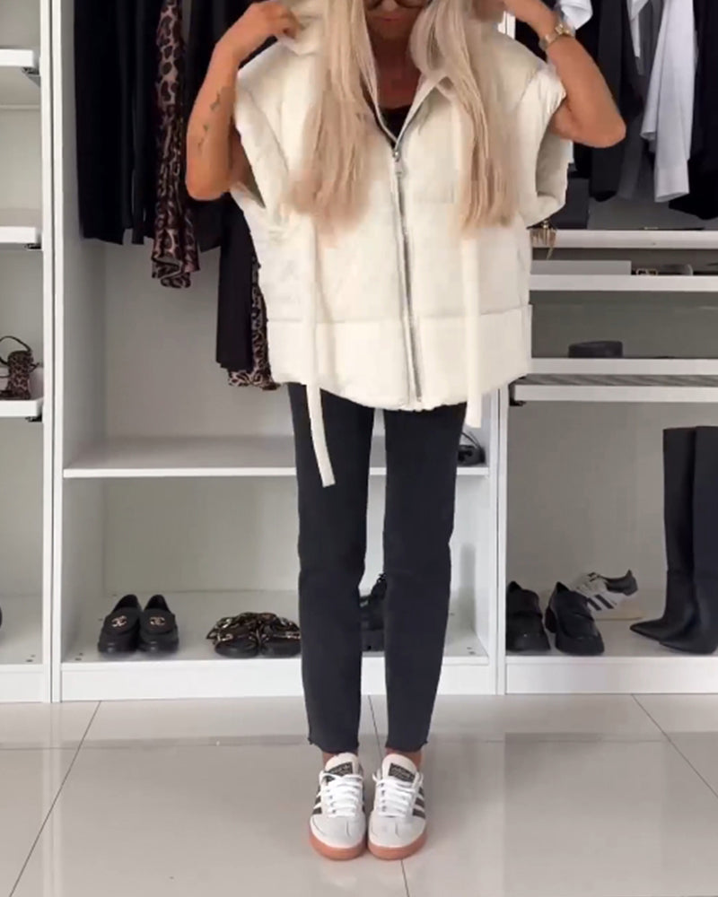 Hooded solid color zipper short sleeve padded jackets