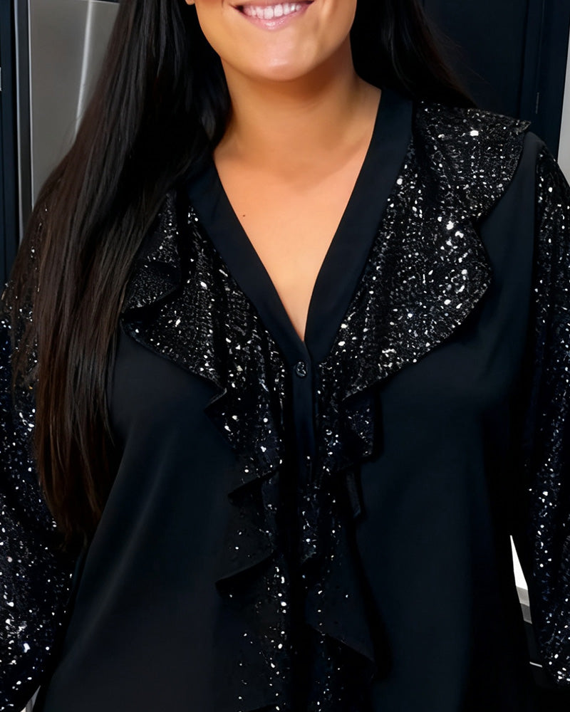 Plus-Size Ruffled Sequined Blouse