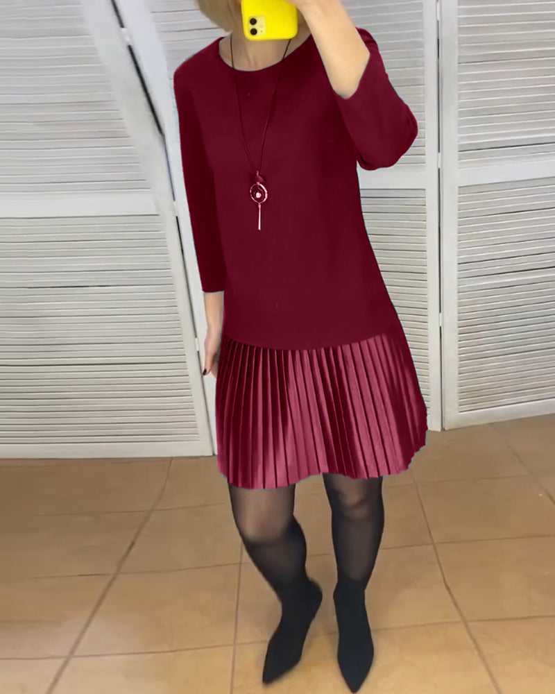 Pleated patchwork solid color dress