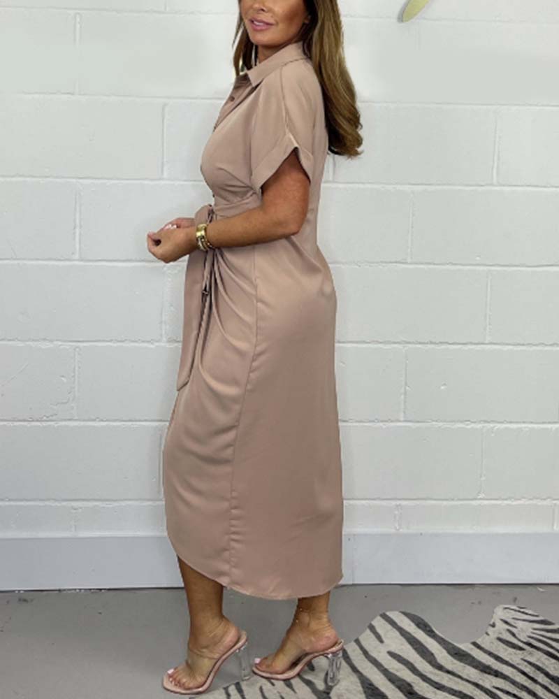 Elegant Pleated Shirt Neck Dress