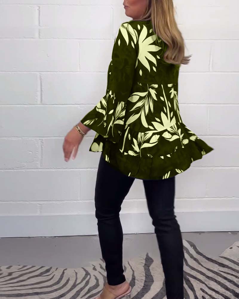 Printed button bell sleeve blouse