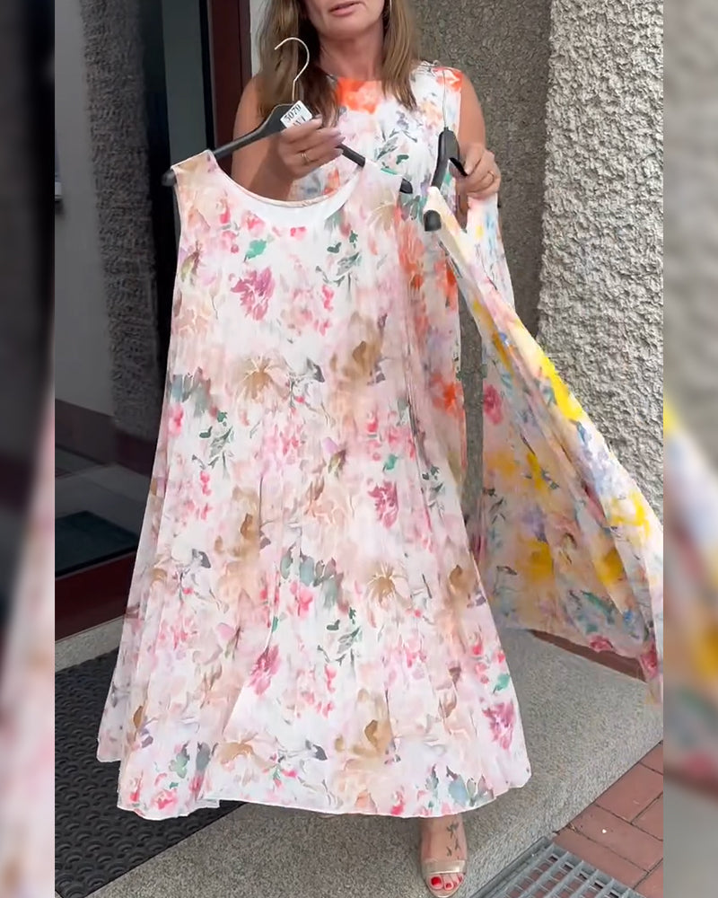 Sleeveless Pleated Floral Dress