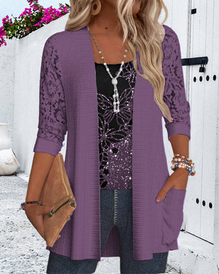 Casual butterfly lace patchwork pocket top