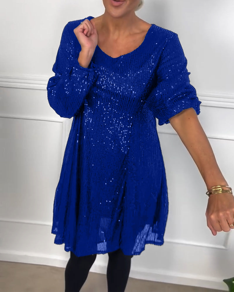 Elegant lantern sleeve sequined a-line dress