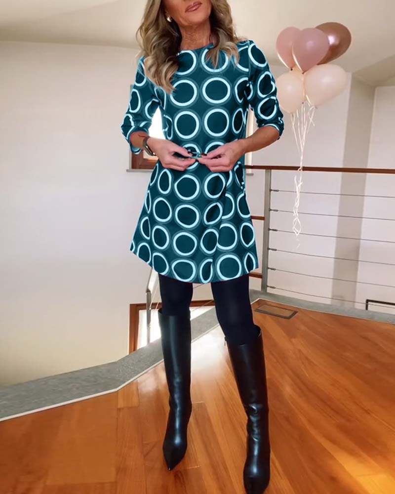 Round neck circle print casual dress