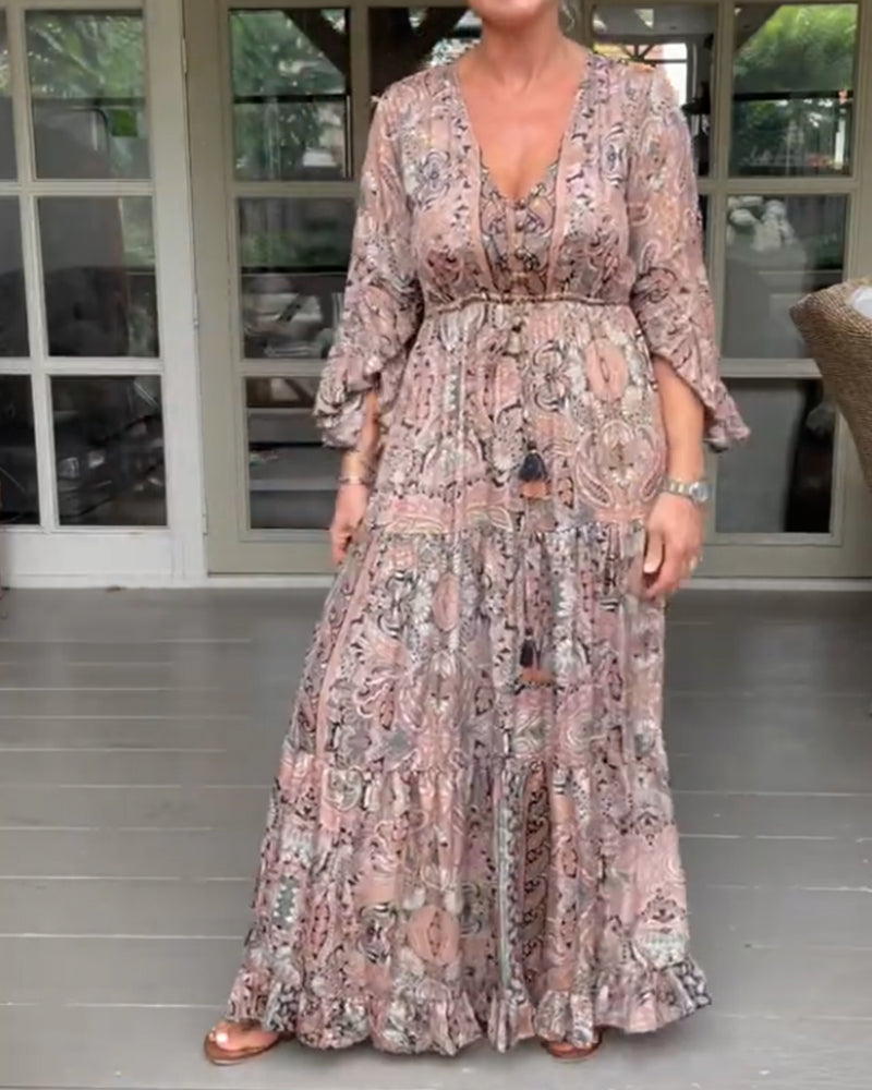 V-neck printed ruffled sleeve dress