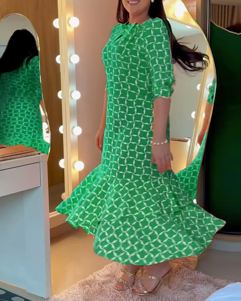 Half Sleeve Round Neck Waist Print Dress