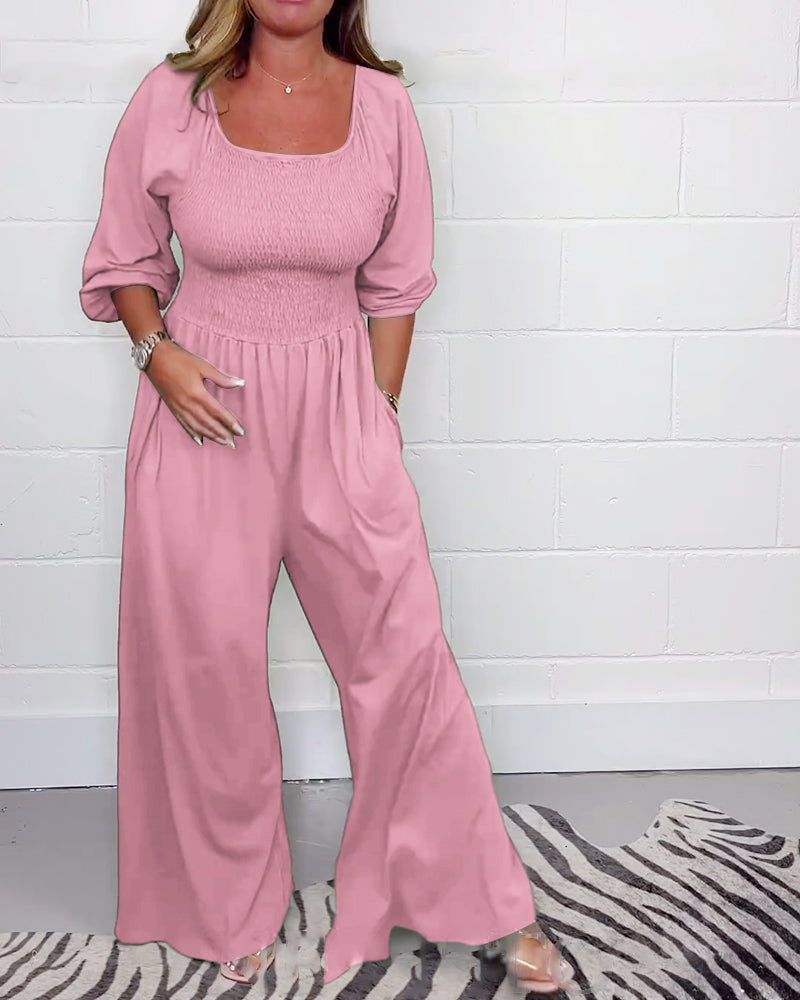 Square neck solid color pocket jumpsuit