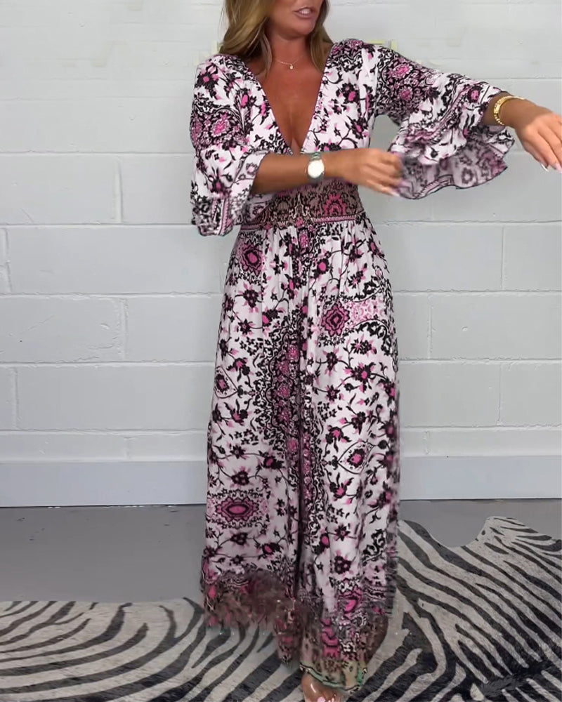 Printed deep V-neck jumpsuit