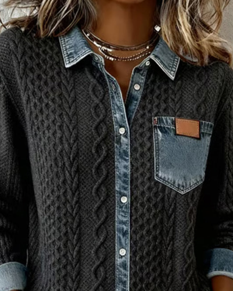 Long-Sleeved Denim Patchwork Shirt
