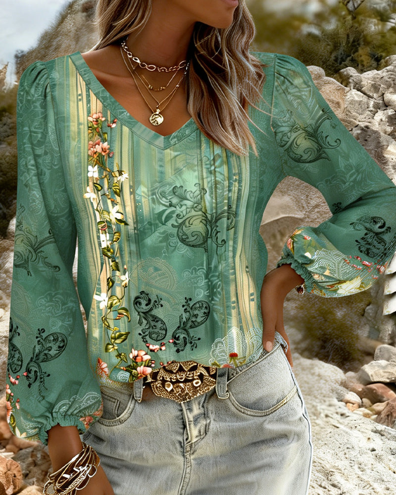 Floral V-Neck Puff Sleeve Blouse