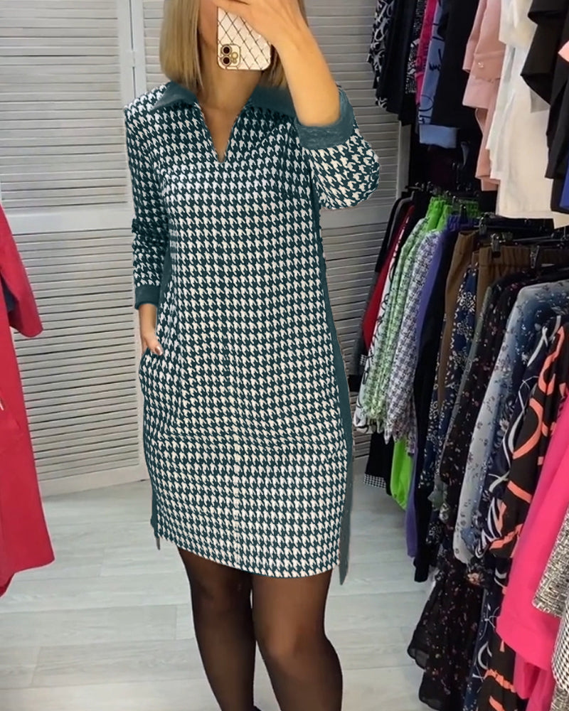 Lapel Pocket Plaid Long Sleeve Dress