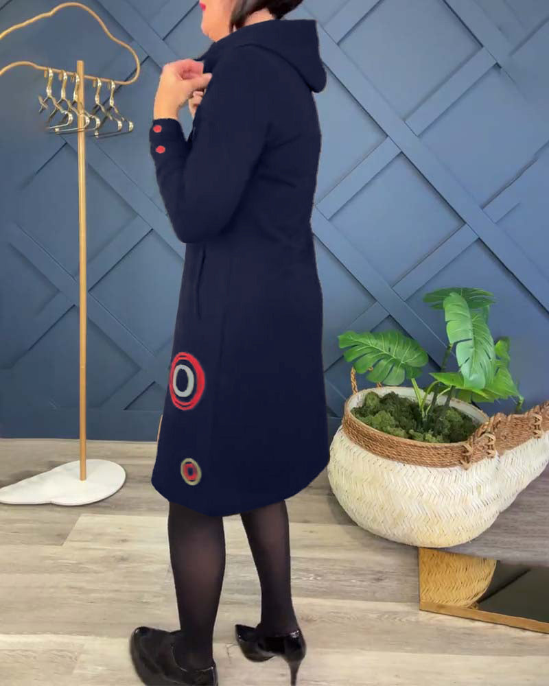 Circle print zip-up hooded casual dress