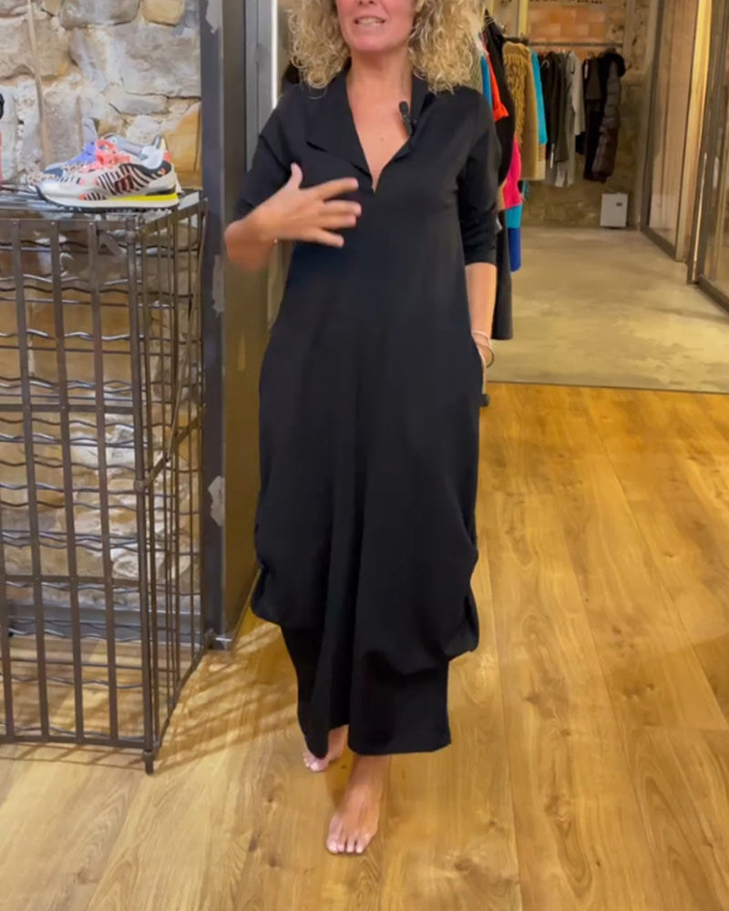 V-Neck Solid Color A-Line Dress