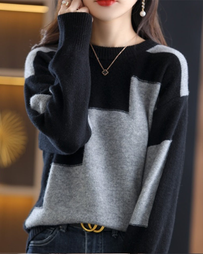 Casual contrasting color long-sleeved sweater
