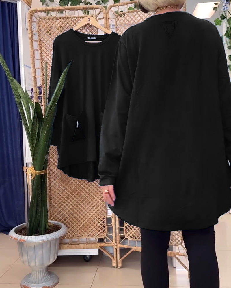 Round Neck Solid Color Zipper Pocket Sweatshirt