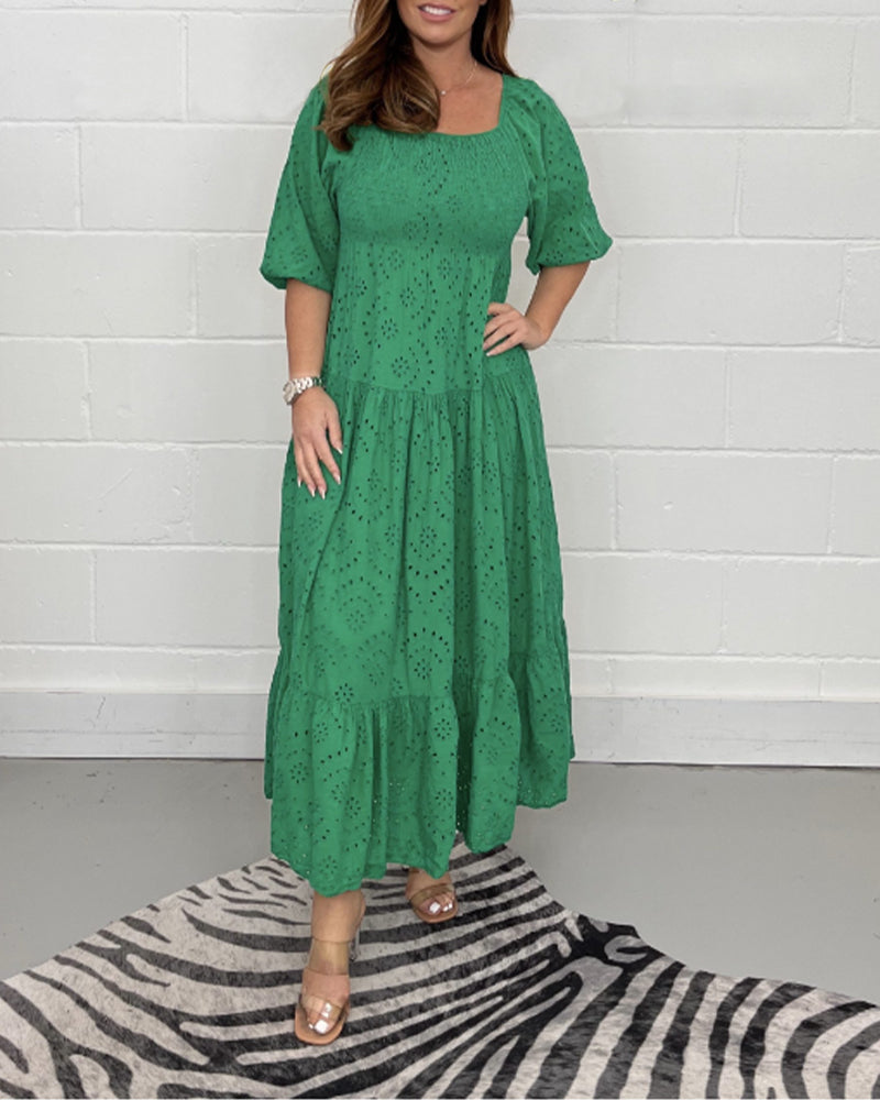 Square collar solid color hollow dress