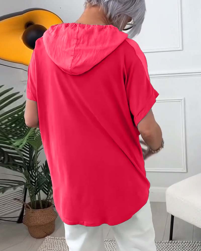 Casual floral print hooded short-sleeve blouse