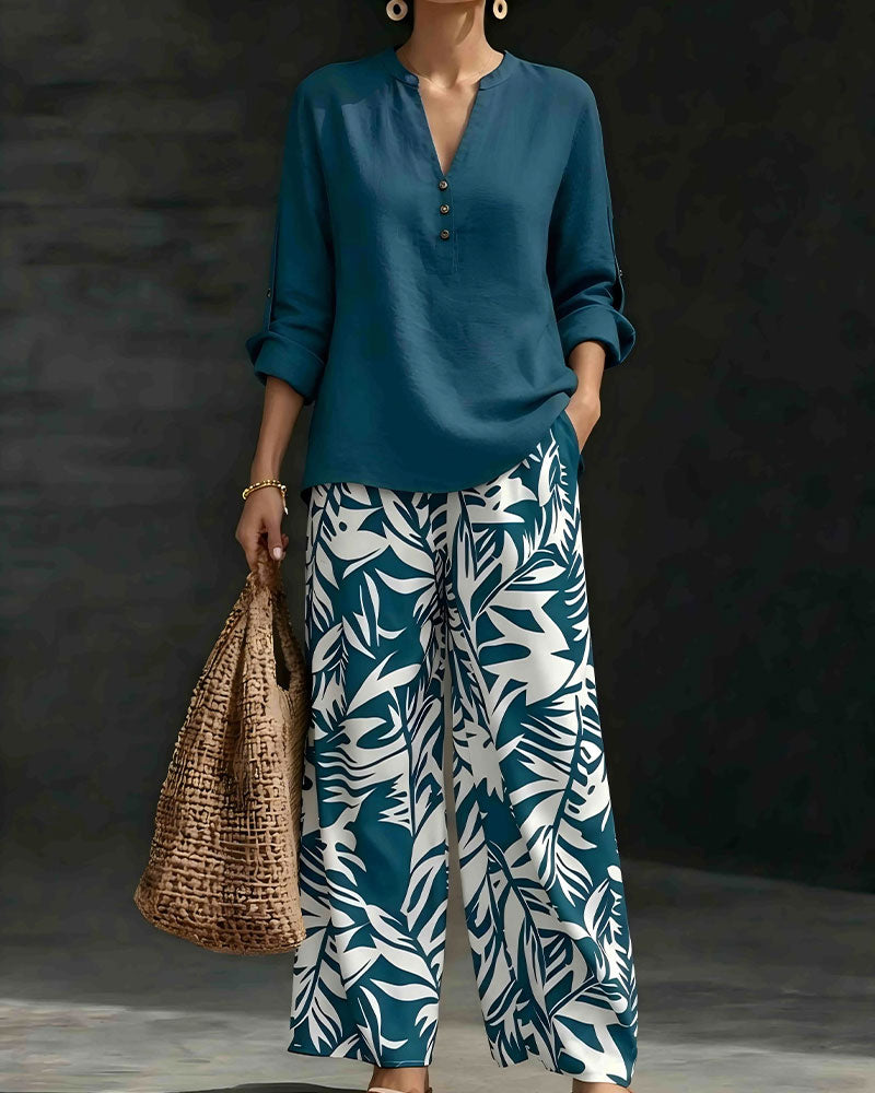 Button-Up Shirt With Printed Wide-Leg Pants Set
