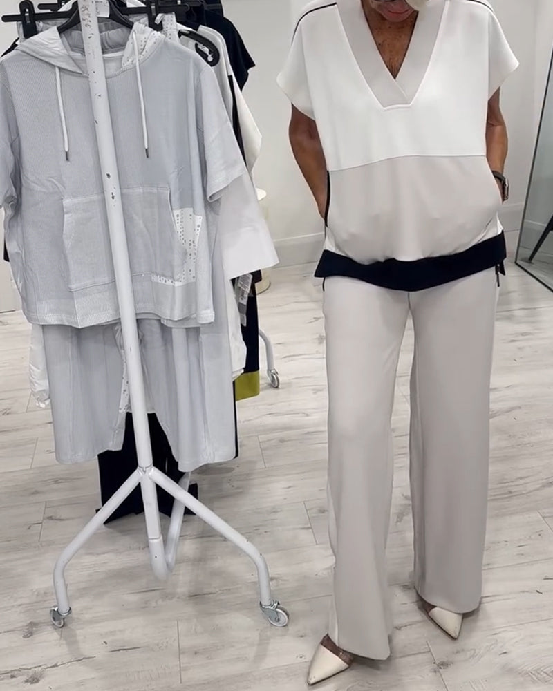 V-Neck Color Matching Slit Casual Suit