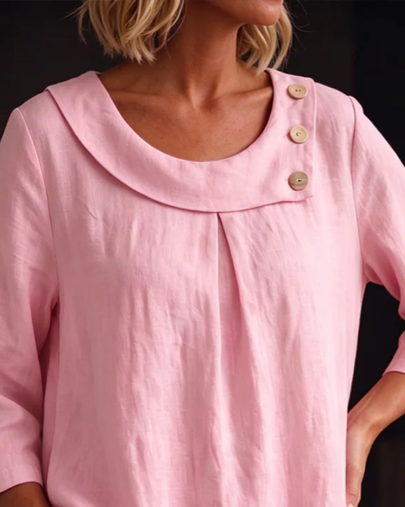 Rolled Hem Round Neck Button Loose Blouse