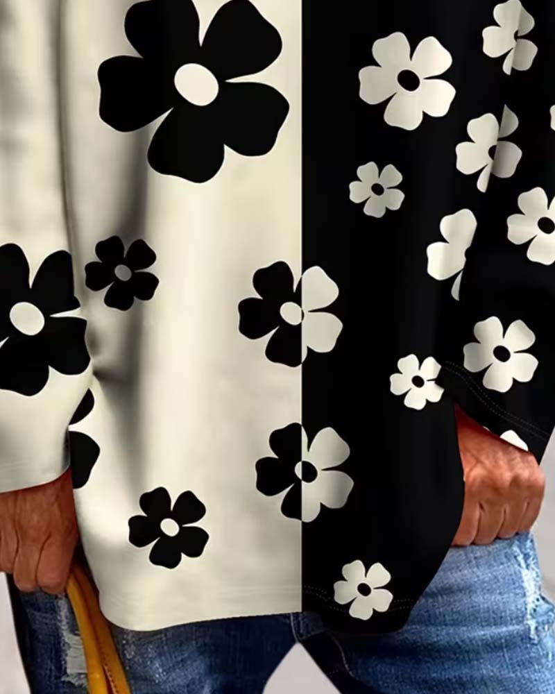 V-Neck Floral Color Block Loose T-Shirt