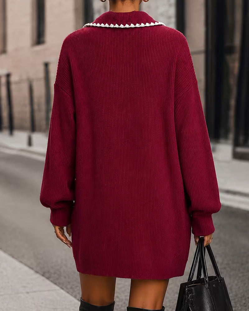 Lapel Contrast Lantern Sleeve Sweater Dress
