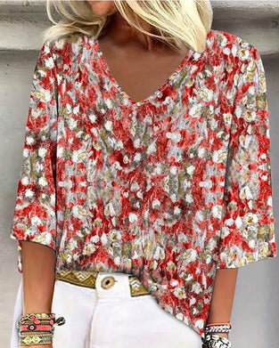 Floral Print V-Neck Three-Quarter Sleeve Blouse