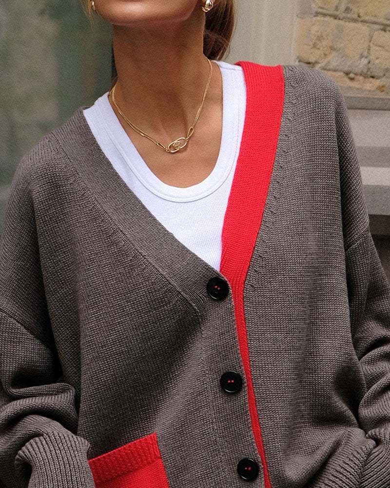 Contrast V-Neck Button-Down Cardigan
