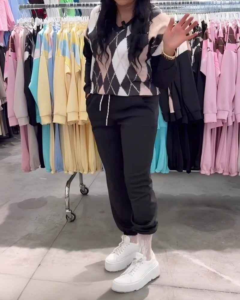 Diamond-Patterned Top And Trousers Two-Piece Set