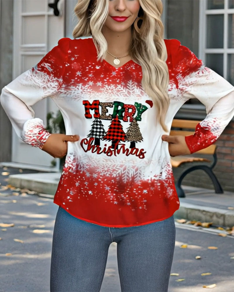 V-Neck Christmas Tree Print Long Sleeve Top