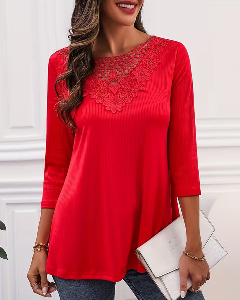 Solid Color Long-Sleeved Elegant Patchwork Top