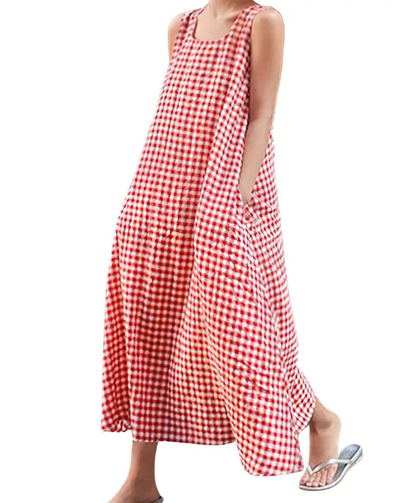 Plaid Sleeveless Square Neck Maxi Dress