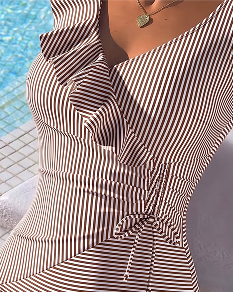 Cross Front Ruffle Stripe One Piece