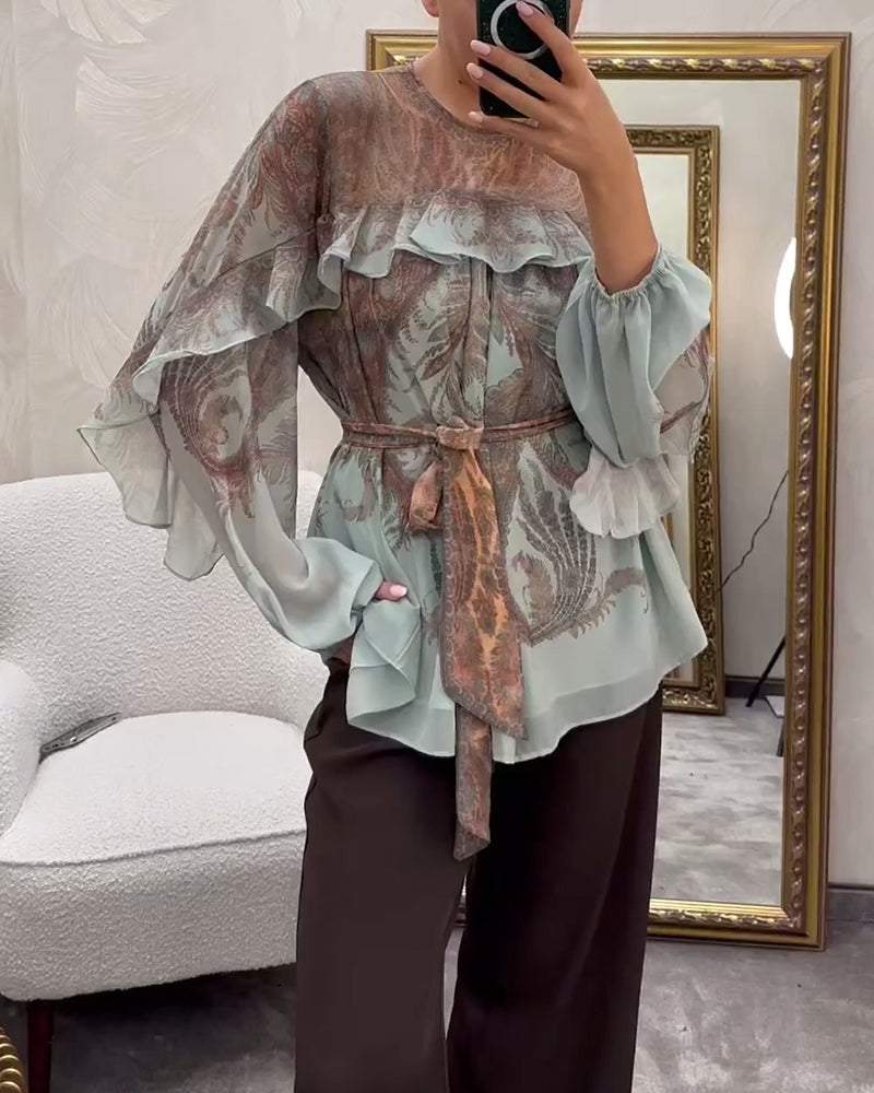Elegant Printed Ruffled Round Neck Blouse
