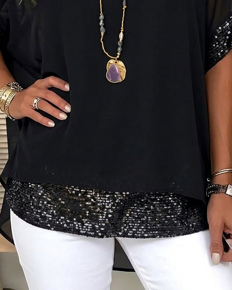 Sequin Patchwork Sheer Loose Blouse