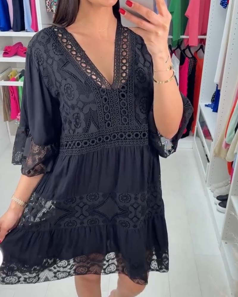 Solid color lace elegant V-neck dress