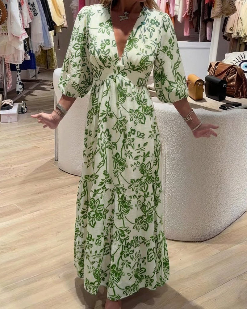 Deep V-Neck Elegant Floral Long Dress