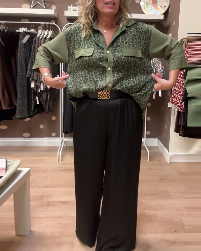Lapel leopard print button-down casual shirt