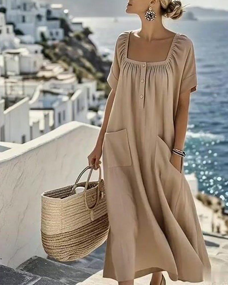 Square Neck Loose Half Buttoned Long Dress
